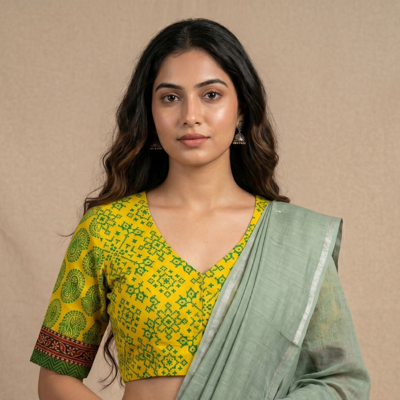 Sunshine Yellow-Green Gamathi Readymade Blouse | Godhuli