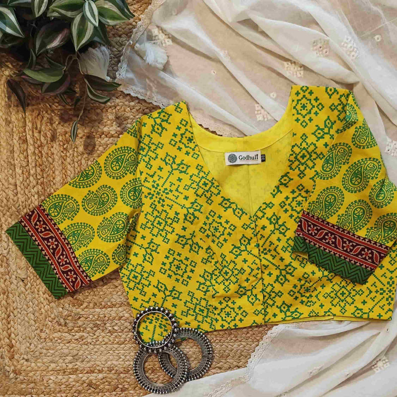 Sunshine Yellow-Green Gamathi Readymade Blouse | Godhuli