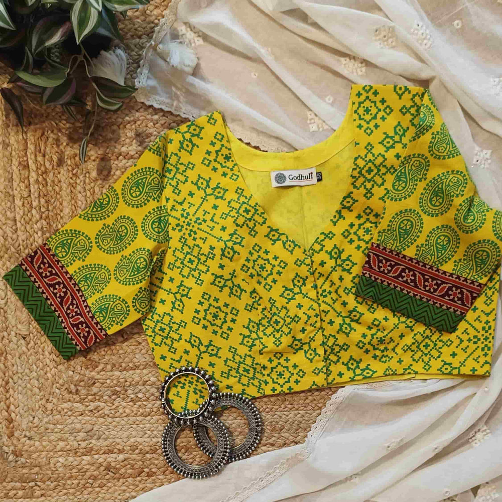Sunshine Yellow-Green Gamathi Readymade Blouse | Godhuli