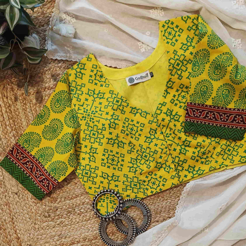 Sunshine Yellow-Green Gamathi Readymade Blouse | Godhuli