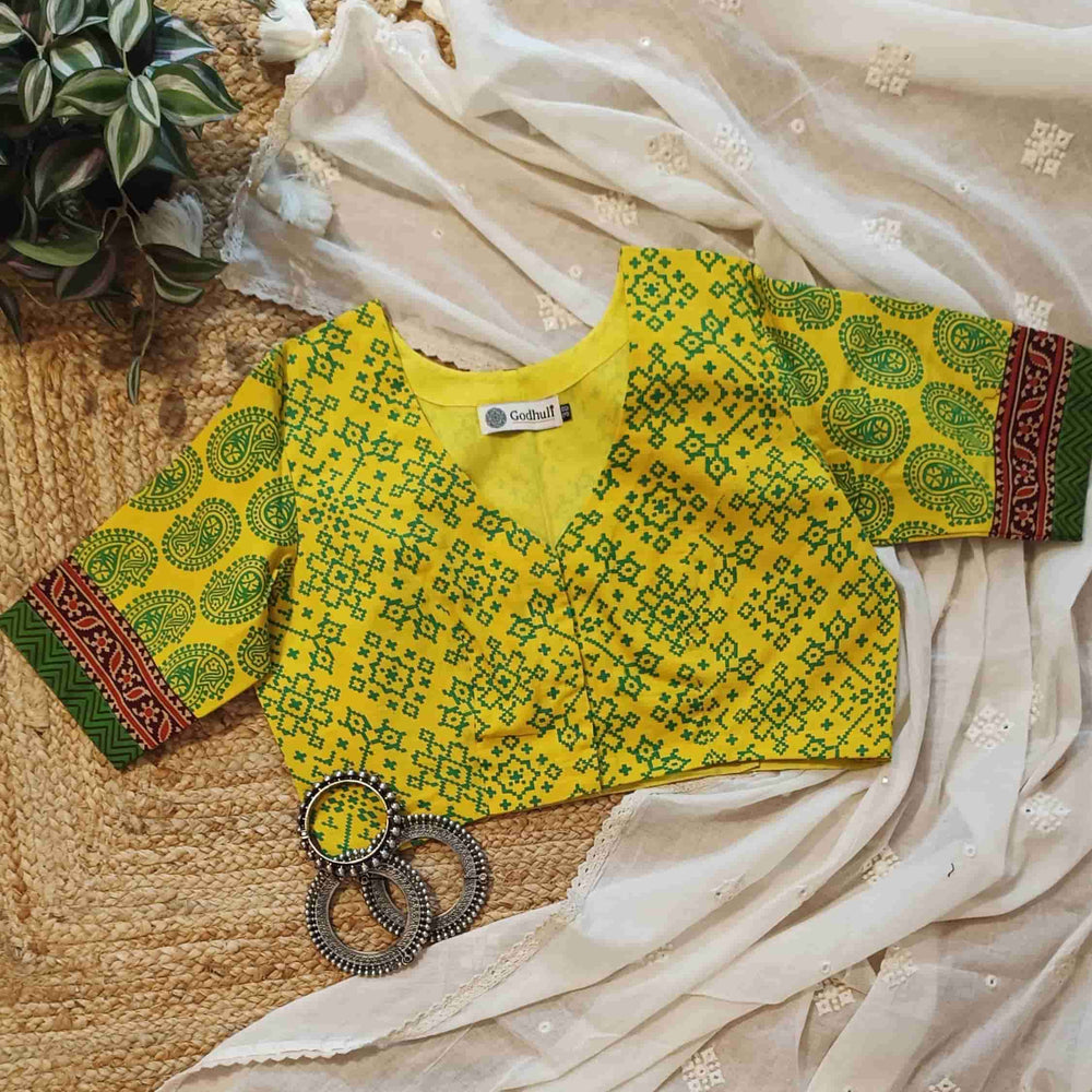 Sunshine Yellow-Green Gamathi Readymade Blouse | Godhuli