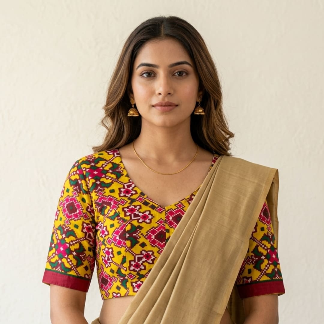 Sunshine Yellow Patola Print Dola Silk Readymade Blouse | Godhuli