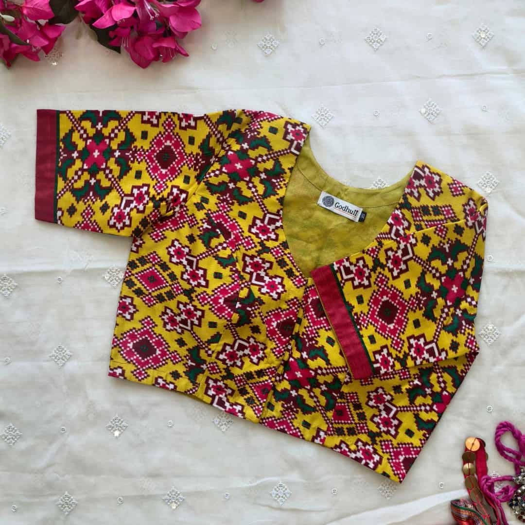Sunshine Yellow Patola Print Dola Silk Readymade Blouse | Godhuli