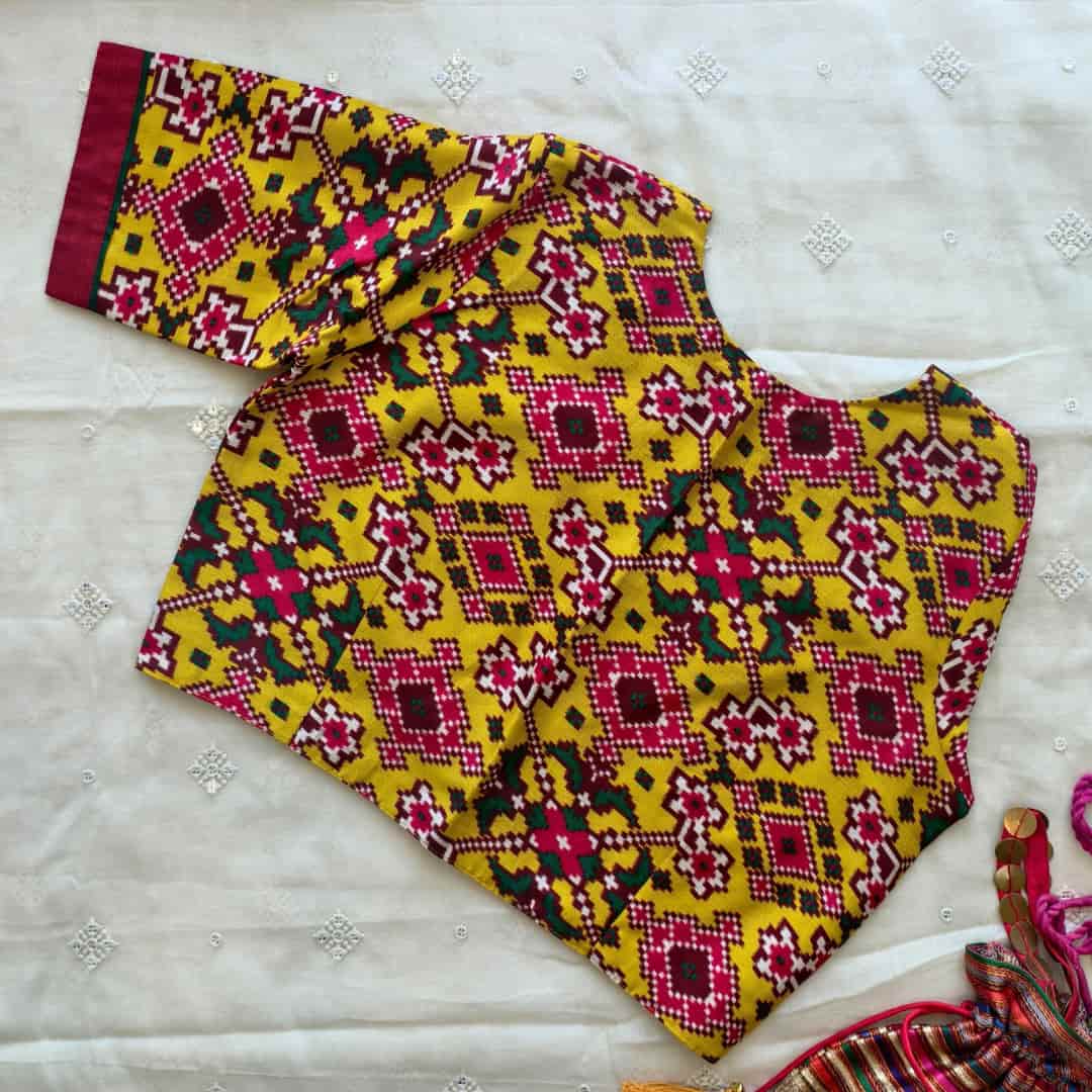 Sunshine Yellow Patola Print Dola Silk Readymade Blouse | Godhuli