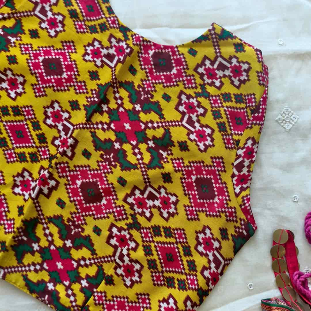 Sunshine Yellow Patola Print Dola Silk Readymade Blouse | Godhuli