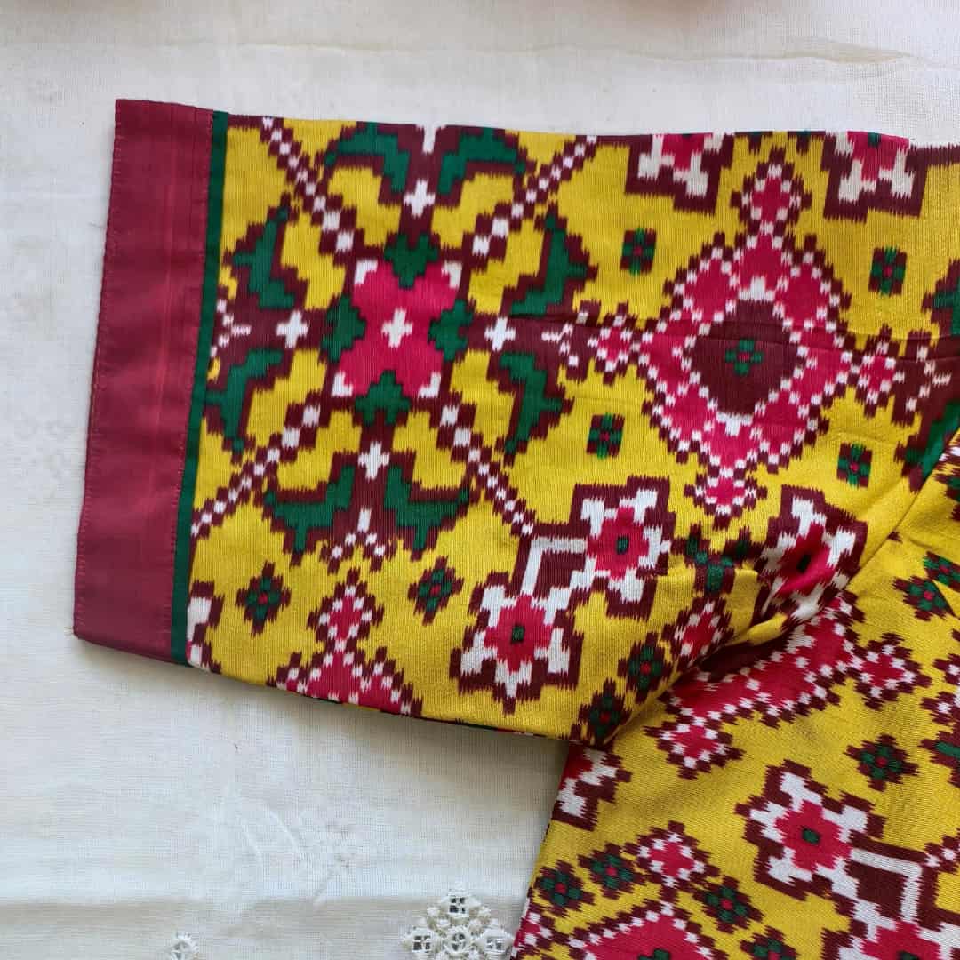 Sunshine Yellow Patola Print Dola Silk Readymade Blouse | Godhuli