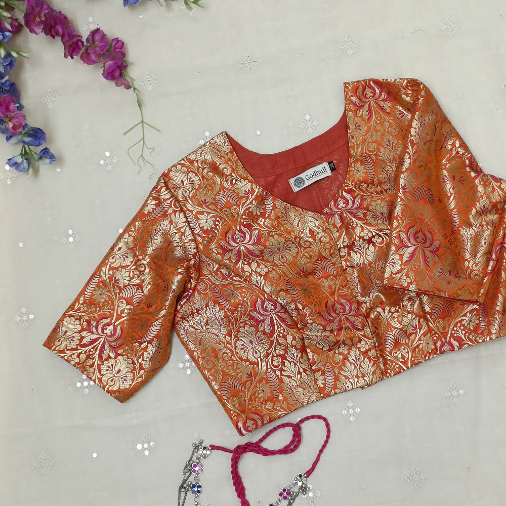 Tangerine Jaal Banarasi Brocade Readymade Blouse | Godhuli