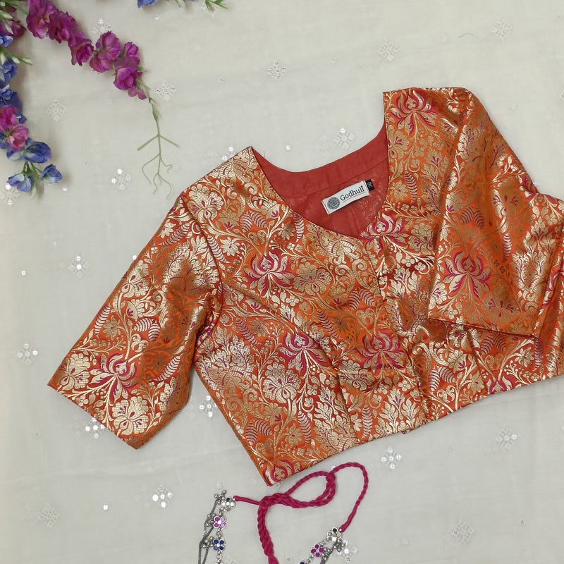 Tangerine Jaal Banarasi Brocade Readymade Blouse | Godhuli