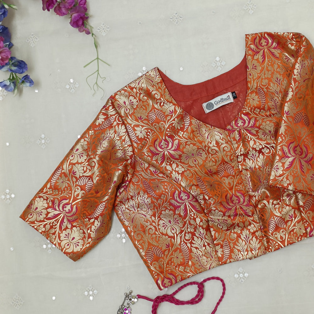 Tangerine Jaal Banarasi Brocade Readymade Blouse | Godhuli