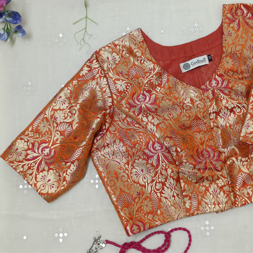 Tangerine Jaal Banarasi Brocade Readymade Blouse | Godhuli