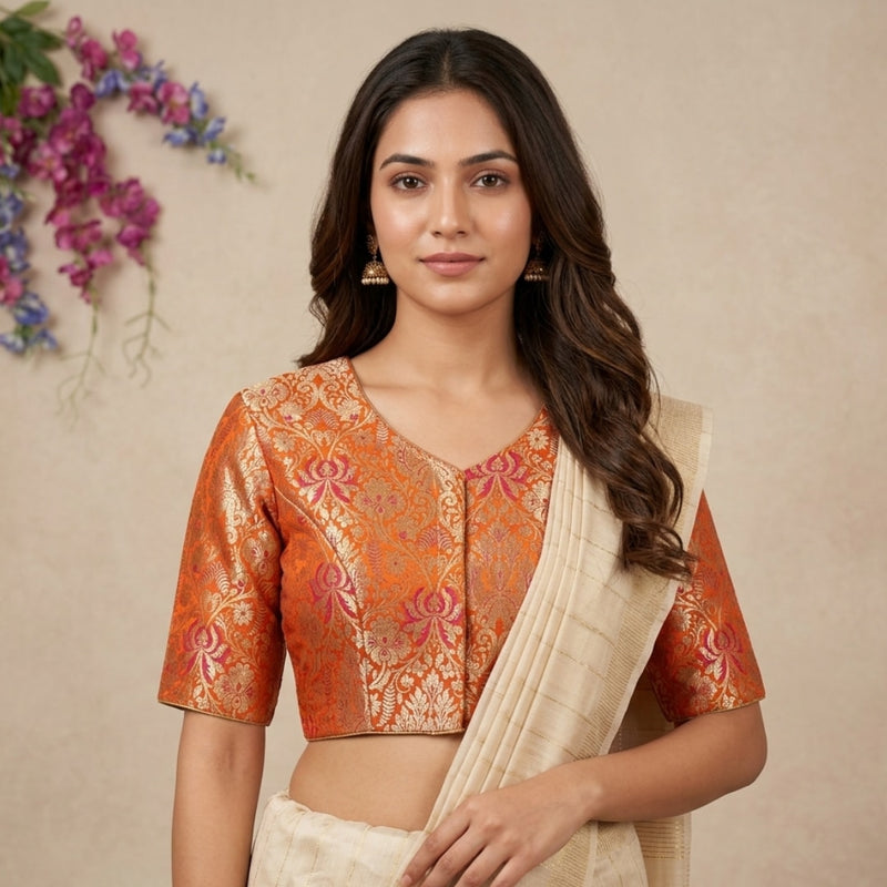Tangerine Jaal Banarasi Brocade Readymade Blouse | Godhuli