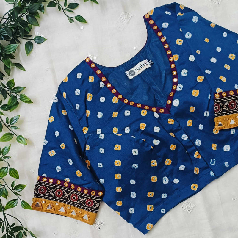 Teal Blue Bandhani Readymade Blouse | Godhuli