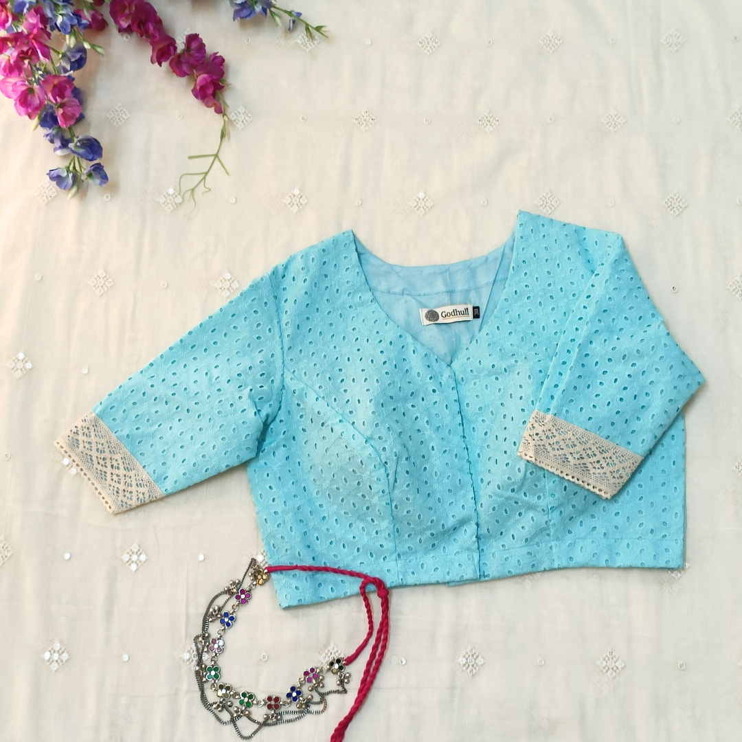 Turquoise Blue Cut Work Embroidered Blouse