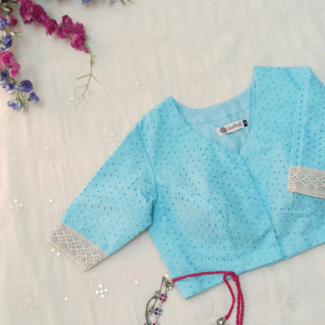 Turquoise Blue Cut Work Embroidered Readymade Blouse