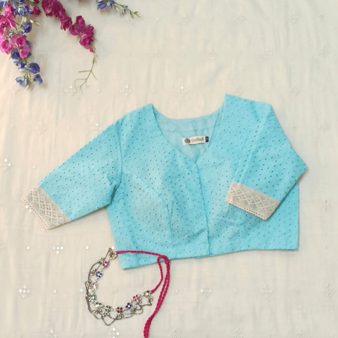 Turquoise Blue Cut Work Embroidered Readymade Blouse