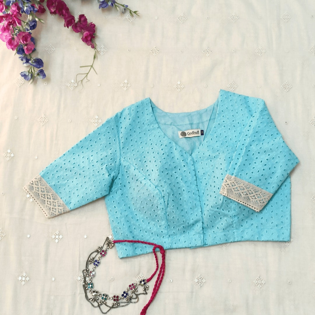Turquoise Blue Cut Work Embroidered Readymade Blouse