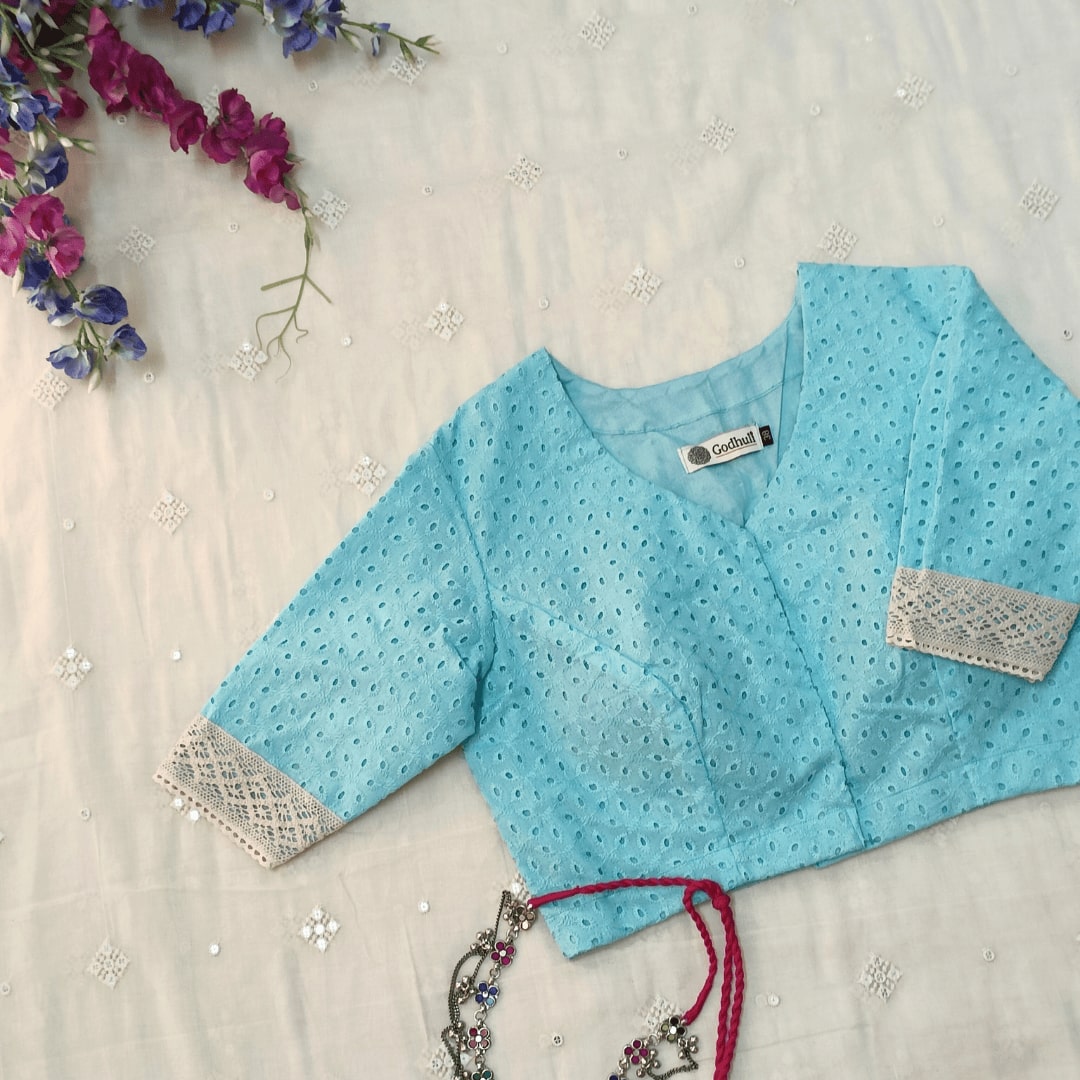 Turquoise Blue Cut Work Embroidered Readymade Blouse