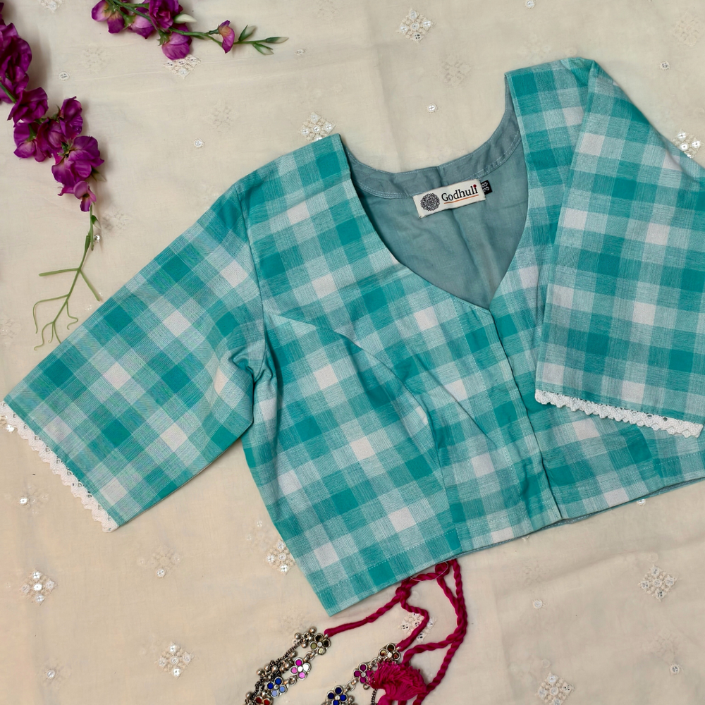 Turquoise Blue and white checks Readymade Blouse | Godhuli