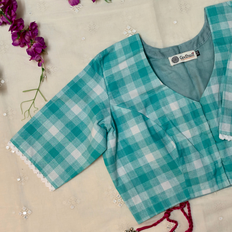Turquoise Blue and white checks Readymade Blouse | Godhuli