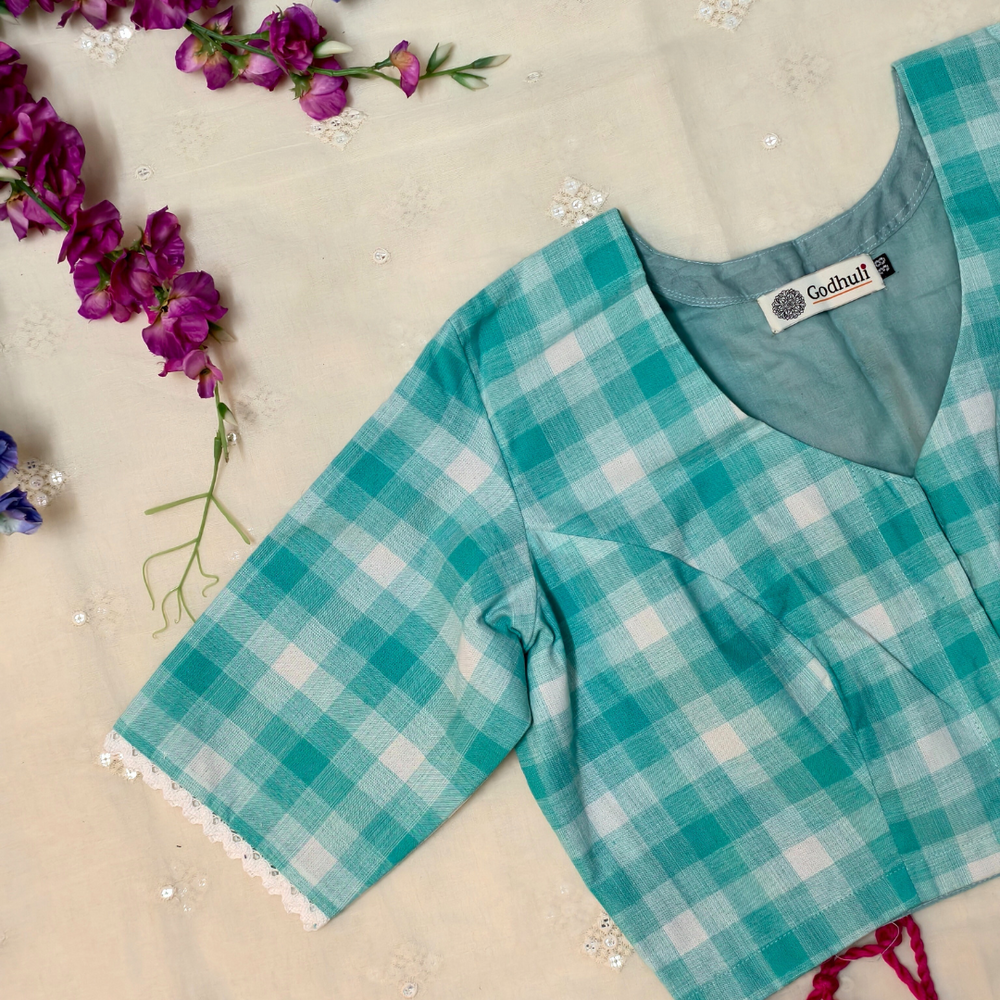 Turquoise Blue and white checks Readymade Blouse | Godhuli