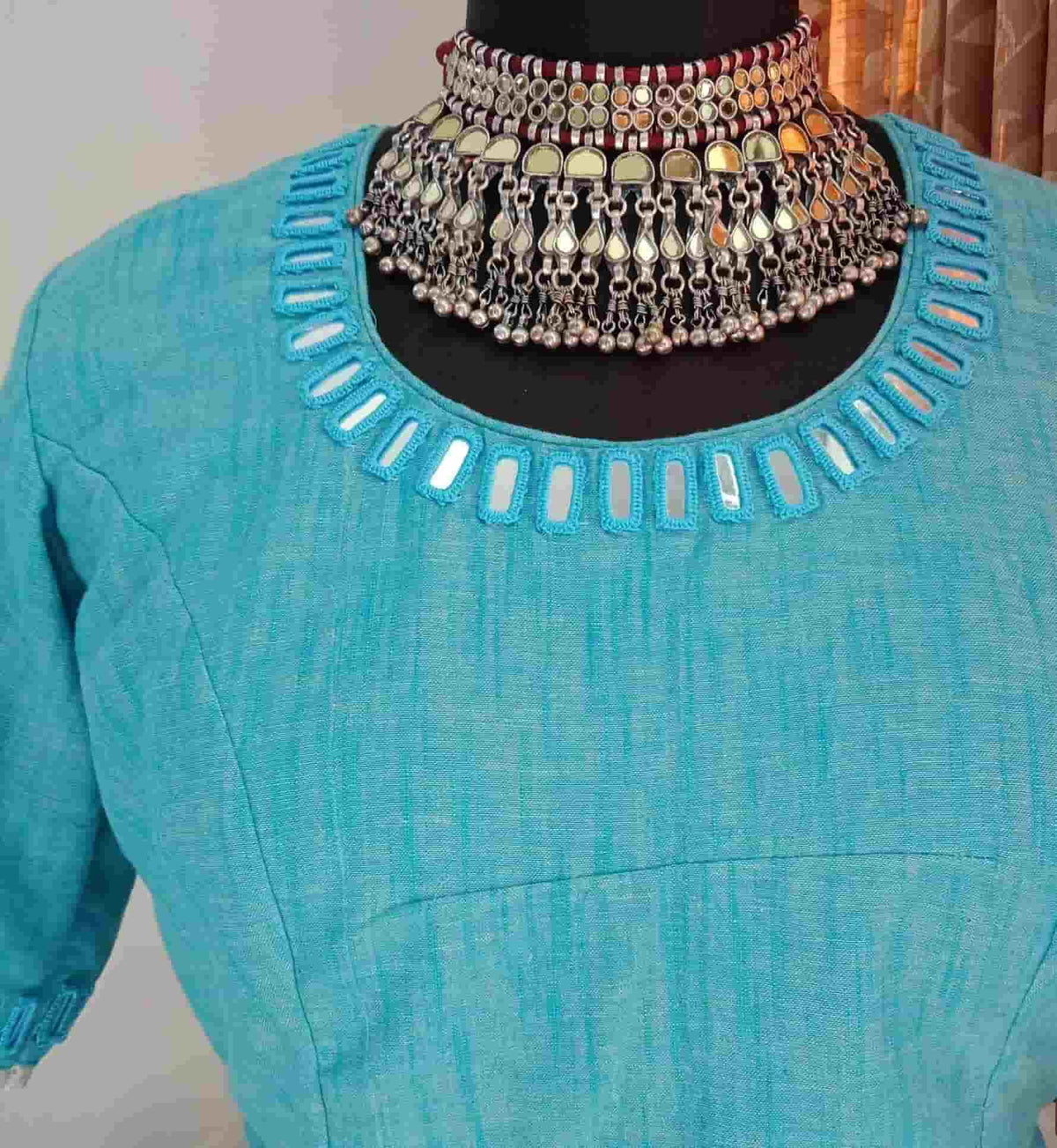Turquoise Plain Mirror Work Readymade Blouse