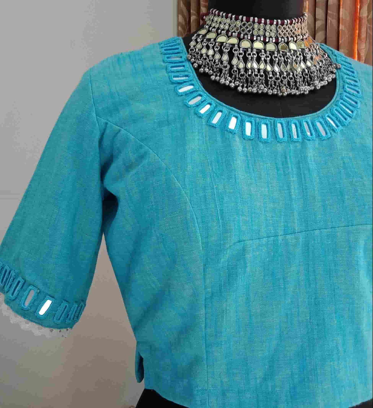 Turquoise Plain Mirror Work Readymade Blouse