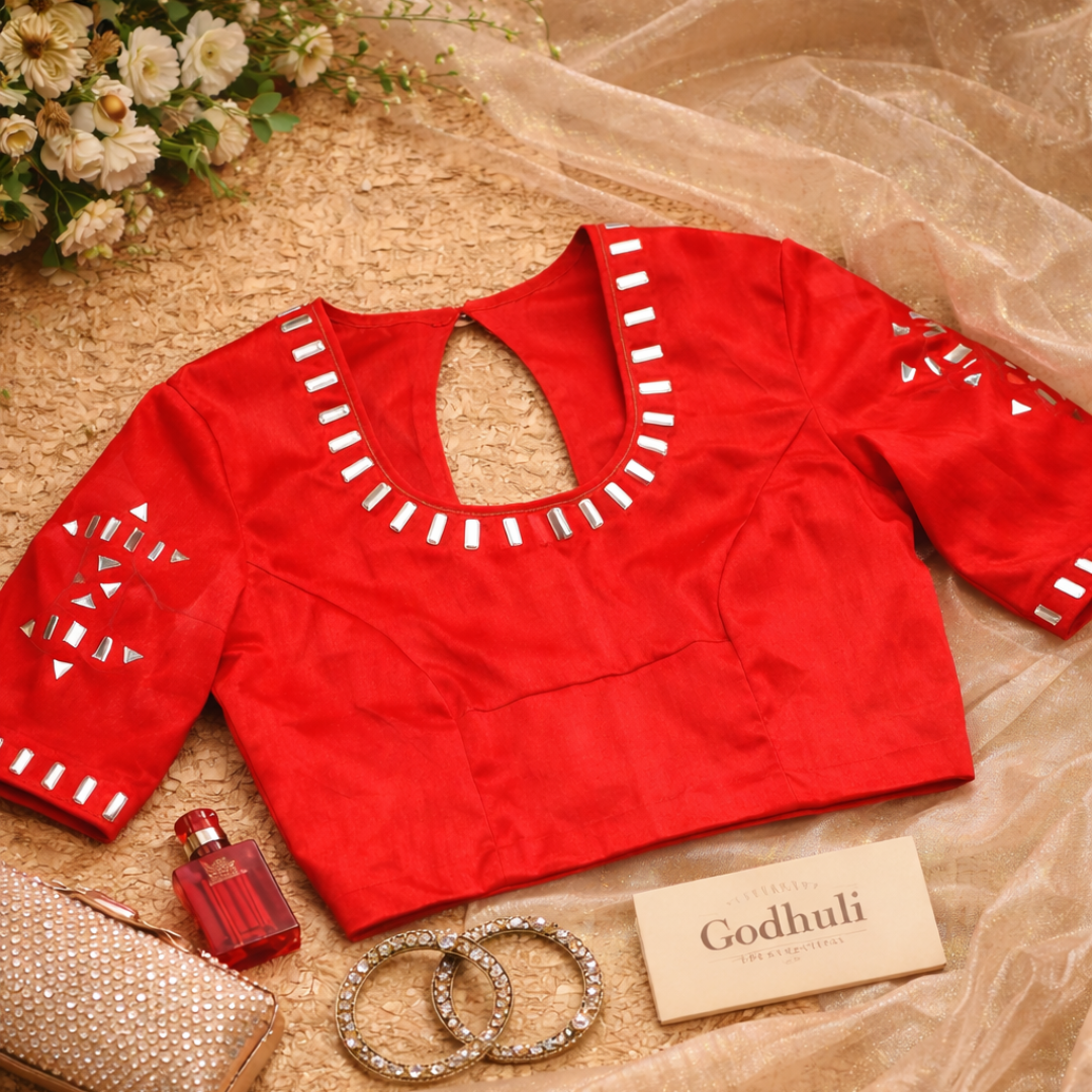 Readymade Red Gaji Silk Mirror Work Blouse | Godhuli