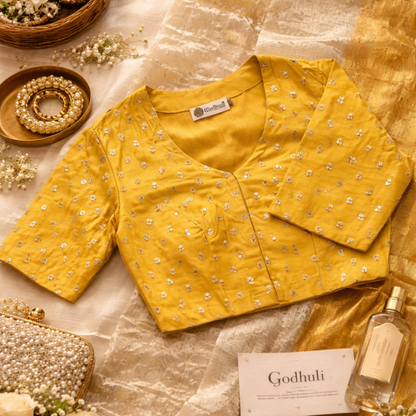 Buy Yellow Zari Work Silk Blouse | Godhuli