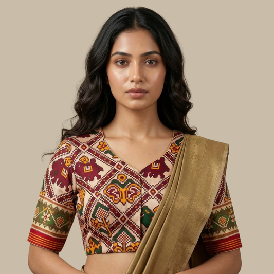 Beige Maroon Nari Kunjar Patola Design Readymade Blouse | Godhuli