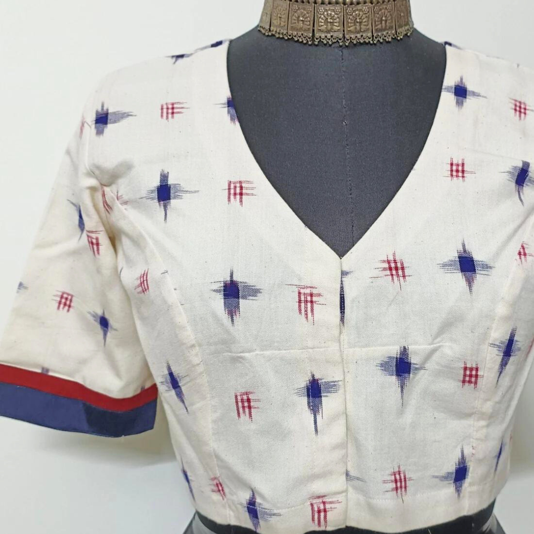 Off White Double Ikat Blouse with Blue Red Motif