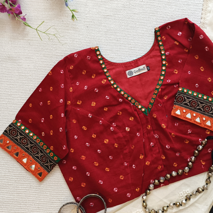 Vermillion Red Bandhani Blouse with Mirror Work