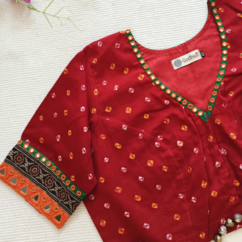 Vermillion Red Bandhani Blouse with Mirror Work