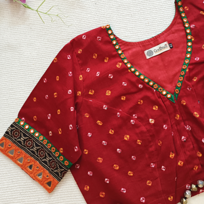 Vermillion Red Bandhani Blouse with Mirror Work