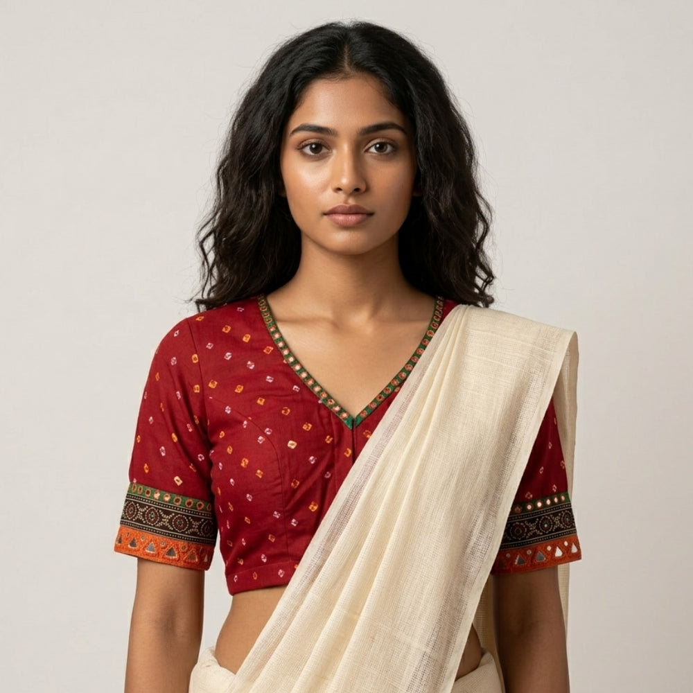 Vermillion Red Bandhani Readymade Blouse with Mirror Work | Godhuli