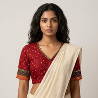 Vermillion Red Bandhani Readymade Blouse with Mirror Work | Godhuli