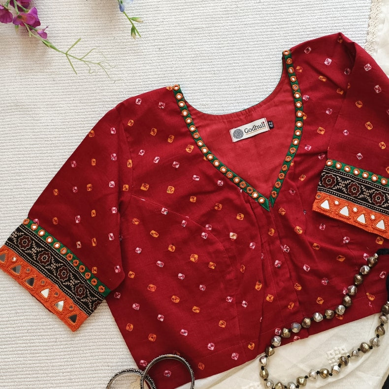 Vermillion Red Bandhani Readymade Blouse with Mirror Work | Godhuli