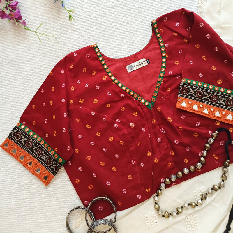 Vermillion Red Bandhani Readymade Blouse with Mirror Work | Godhuli