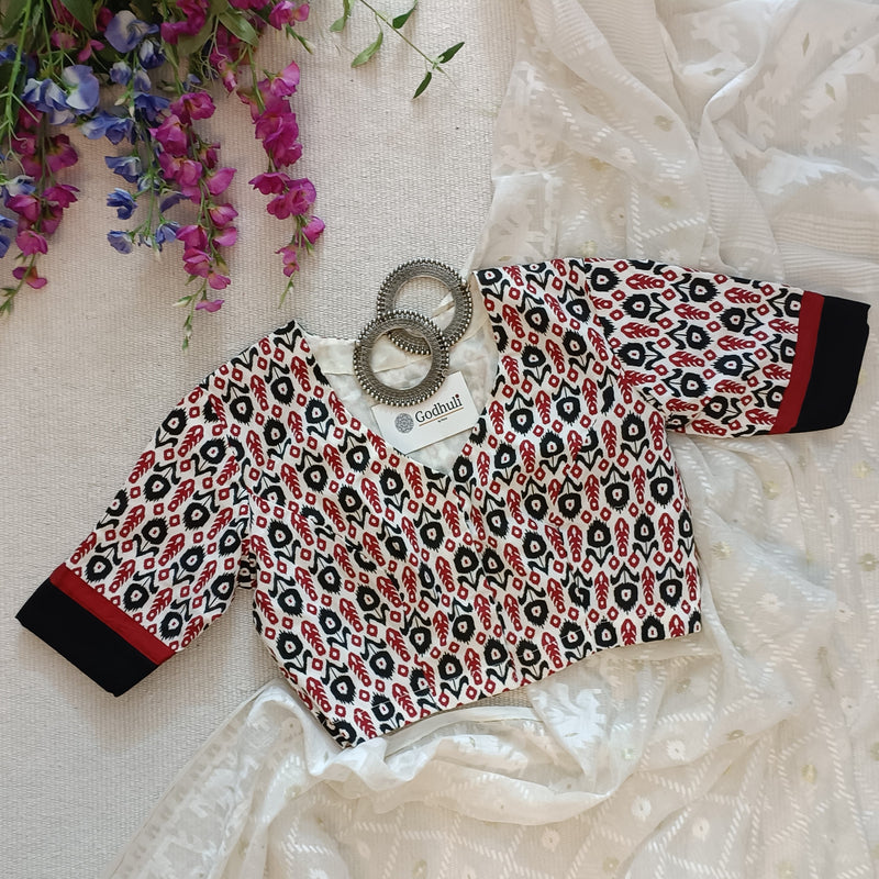 White Readymade Blouse with Small Red Black Uzbek Ikat Print | Godhuli