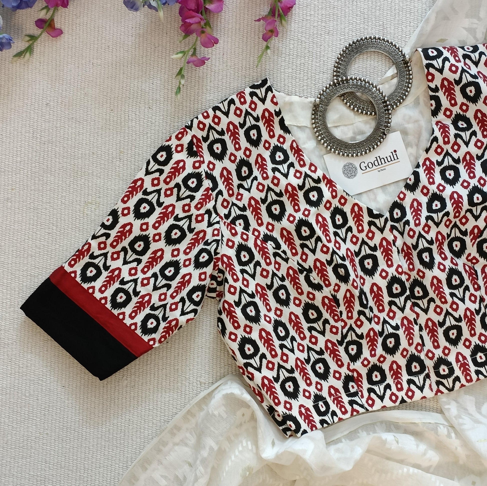 White Blouse with Small Red Black Uzbek Ikat Print