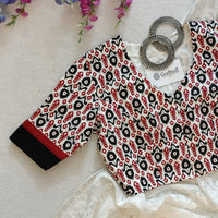 White Readymade Blouse with Small Red Black Uzbek Ikat Print | Godhuli