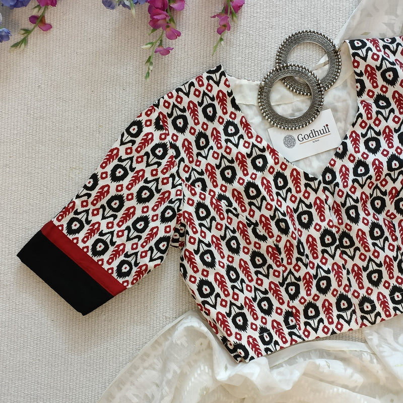 White Readymade Blouse with Small Red Black Uzbek Ikat Print | Godhuli