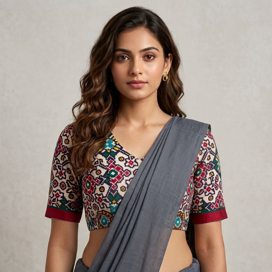 White Green Patola Print Dola Silk Readymade Blouse | Godhuli