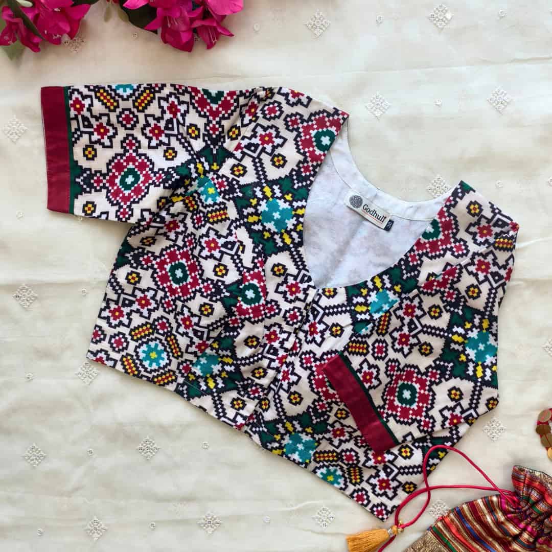 White Green Patola Print Dola Silk Readymade Blouse | Godhuli