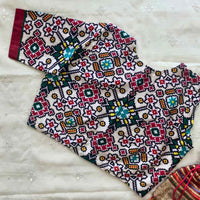 White Green Patola Print Dola Silk Readymade Blouse | Godhuli