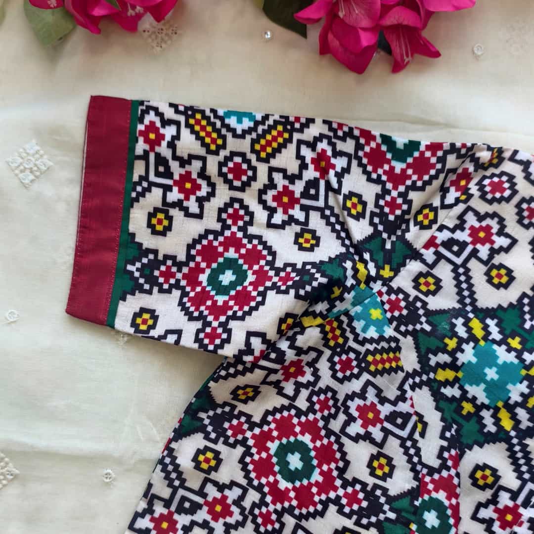 White Green Patola Print Dola Silk Readymade Blouse | Godhuli