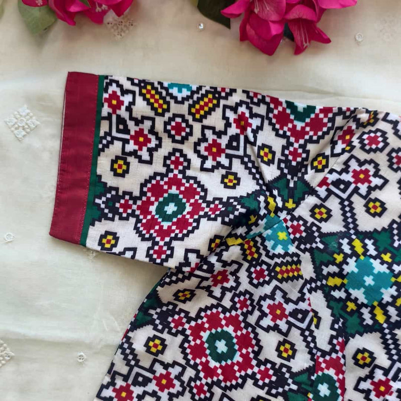 White Green Patola Print Dola Silk Readymade Blouse | Godhuli