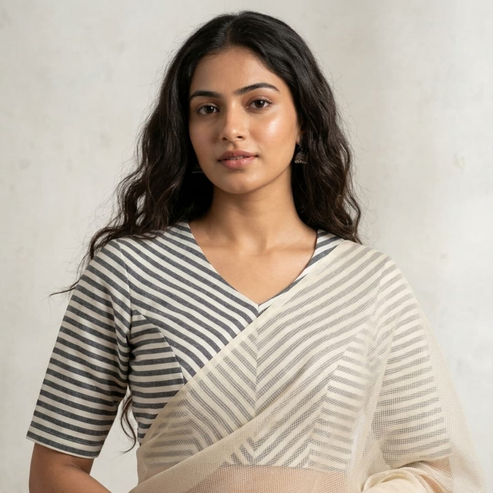 White Grey Monochrome Stripes Blouse  | Godhuli