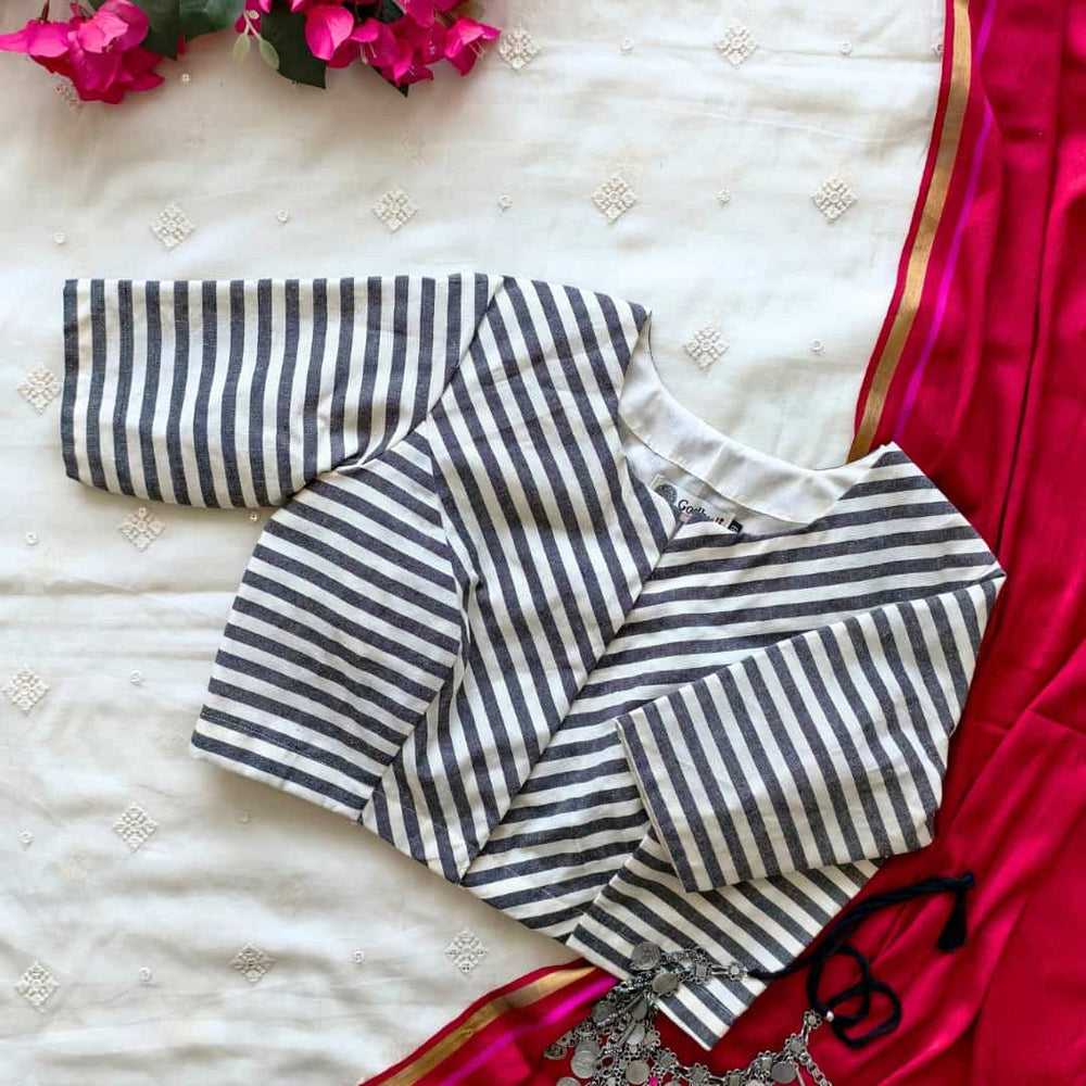 White Grey Monochrome Stripes Blouse  | Godhuli