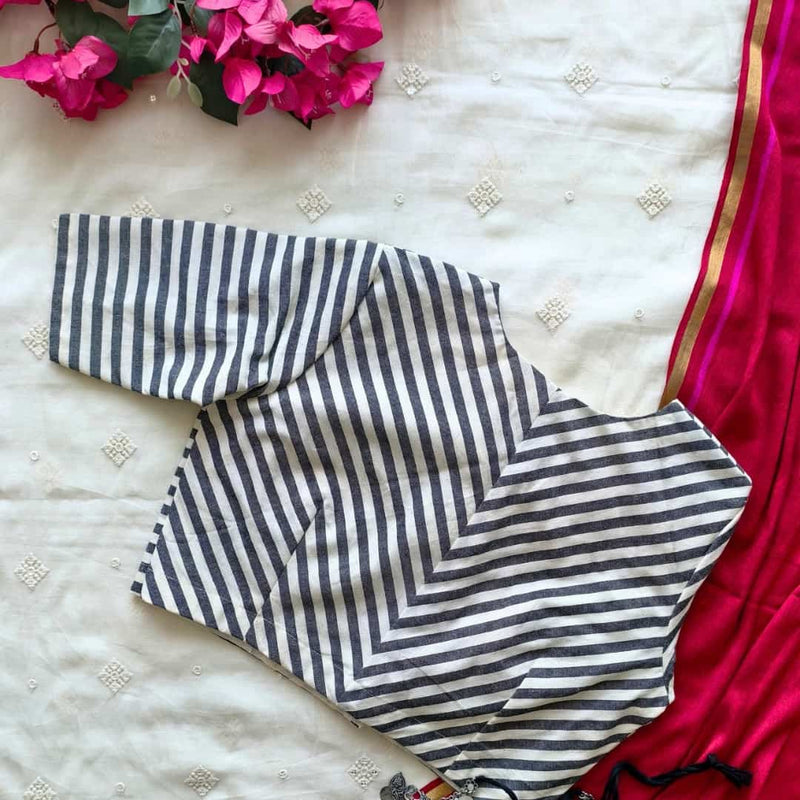 White Grey Monochrome Stripes Blouse  | Godhuli