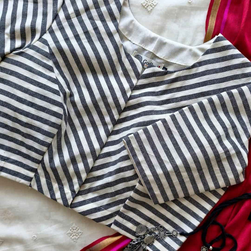 White Grey Monochrome Stripes Blouse  | Godhuli